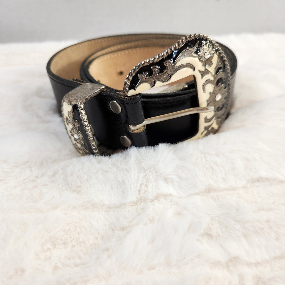 Leatherock‎ 3598 Mens Black Leather Western Belt Large Silver Enamel Buckle L